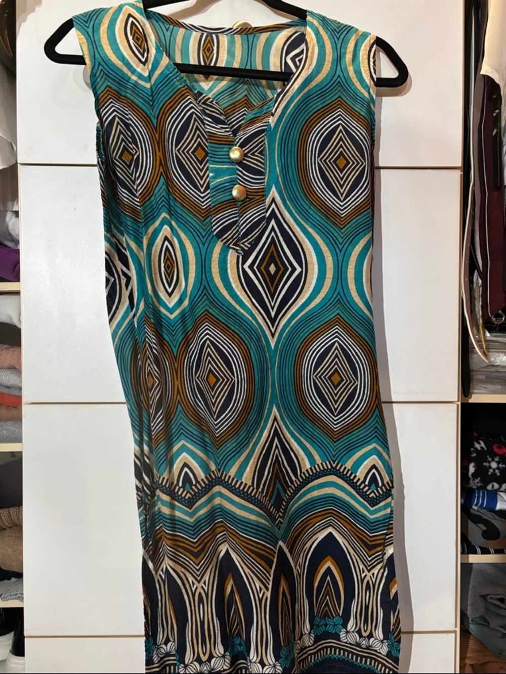 Sleeveless Teal Geometric Mini Dress
